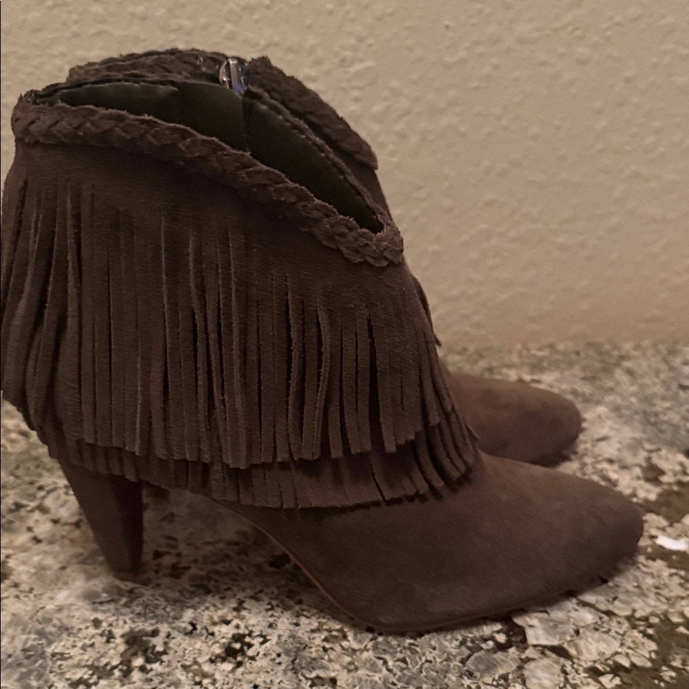 Vince Camuto Dark Brown Fringe Heeled Boots